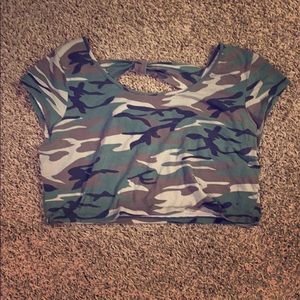 Worn army print crop top with cut out back